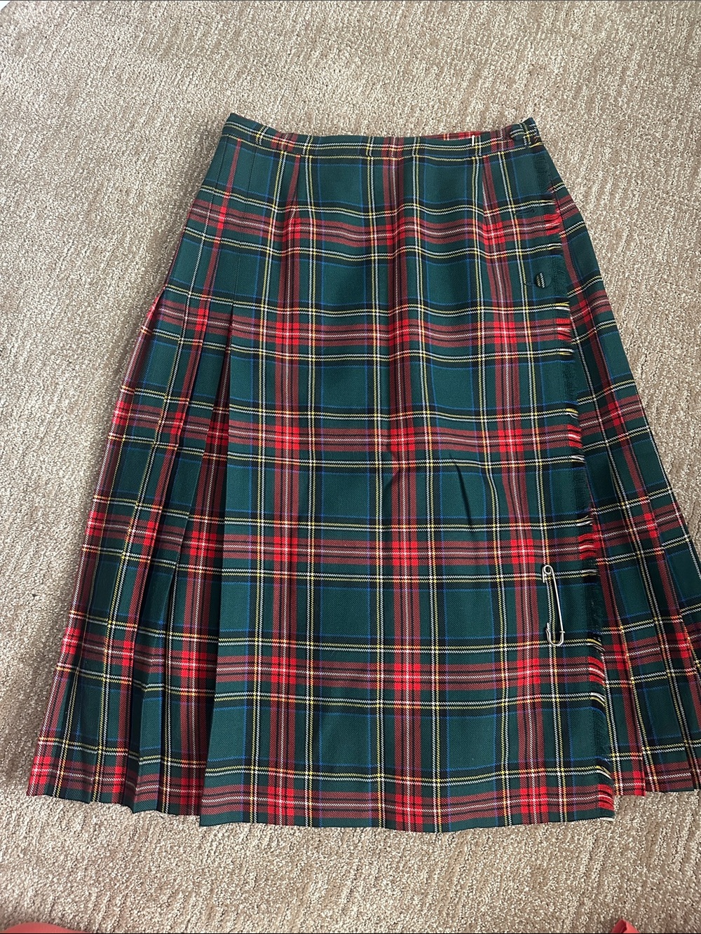 Tartan Pleated Midi Skirt in Green and Red
